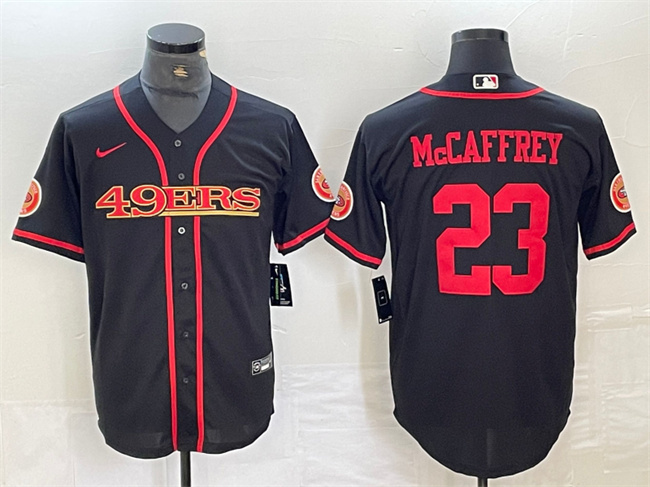 Men's San Francisco 49ers #23 Christian McCaffrey Black With Patch Cool Base Stitched Baseball Jersey